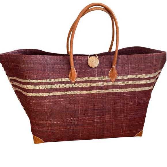 Wicker Tote Bag Burgundy Straw - Picture 1 of 9